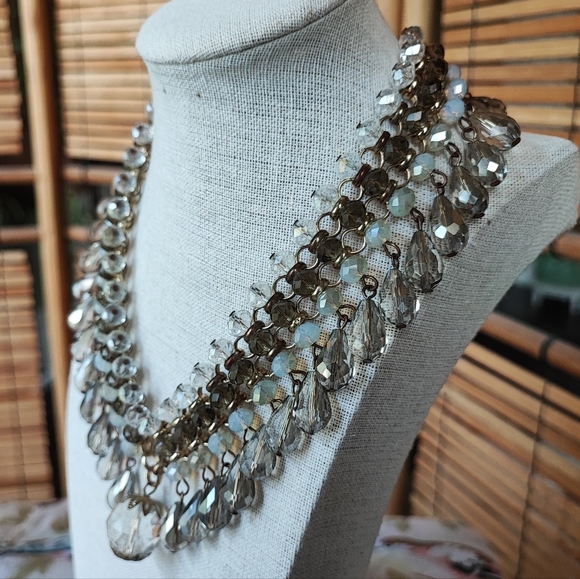 Opaline Clear Faceted Large Ball Pendant Teardrop Smoke Gold Tone Bib Necklace - Picture 2 of 12